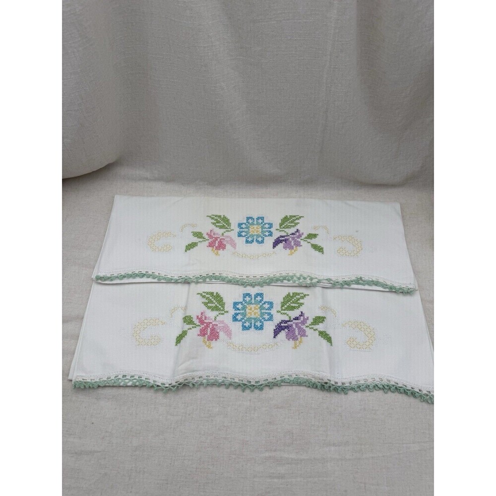 Pair Vintage Embroidered Floral Designed White Pillowcases With Crochet Edges